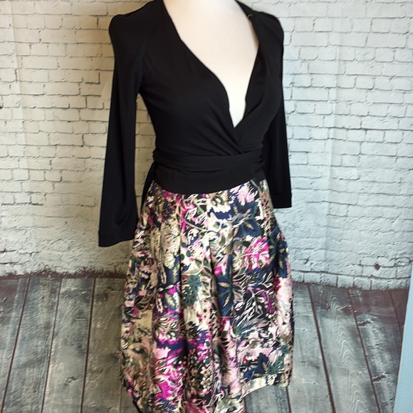 Diane Von Furstenberg Jewel Wrap Dress 2 Black Floral Pleated Silk Combo Pockets - Picture 8 of 16